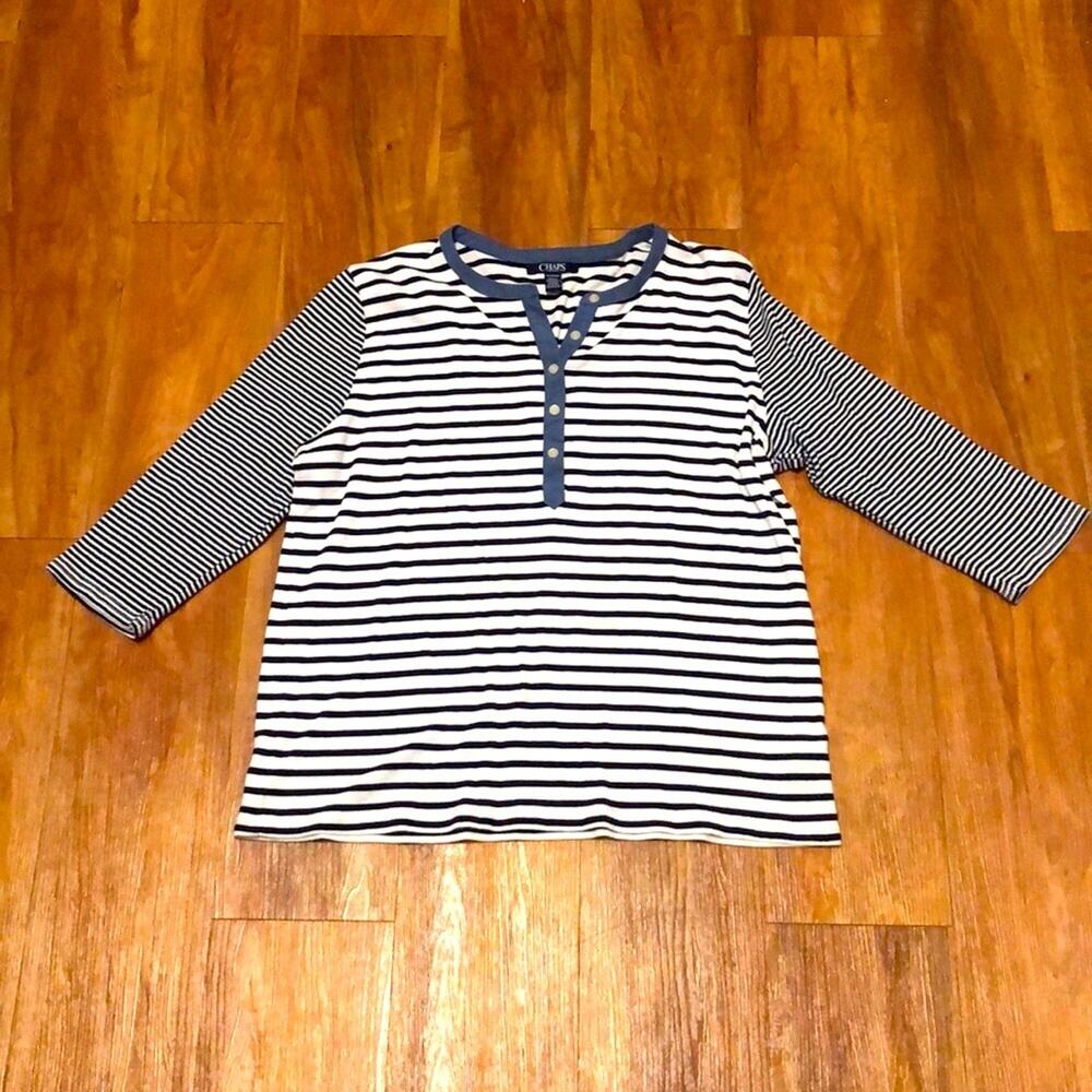 Chaps Black and White Quarter Sleeve Striped Henley Top Size 1X